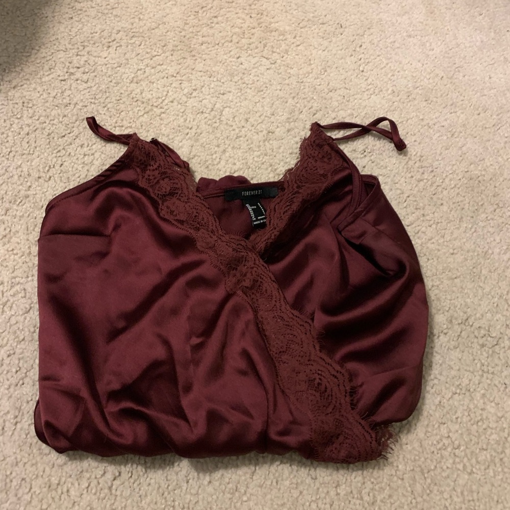 Burgundy satin body suit with lace trim size small